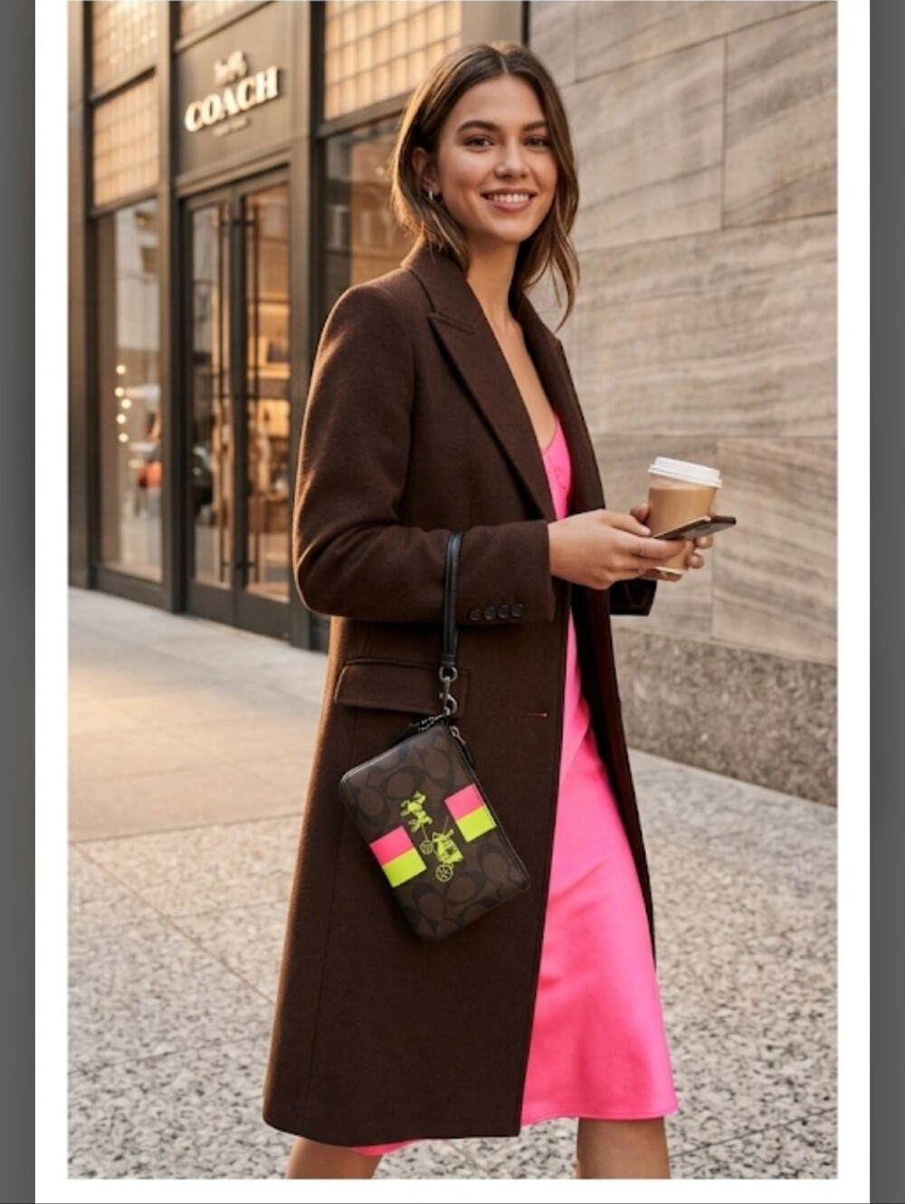 Coach Neon Stripe Signature Wristlet - Brown with Pink & Neon Yellow